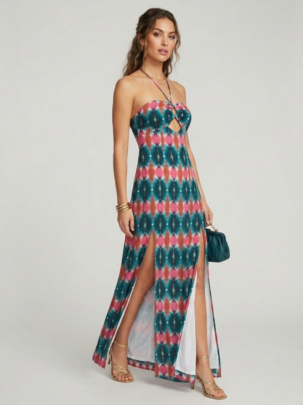 Milly Silk Ikat Print Halter Keyhole Double Slit Maxi Dress Sz 2 Pink Teal